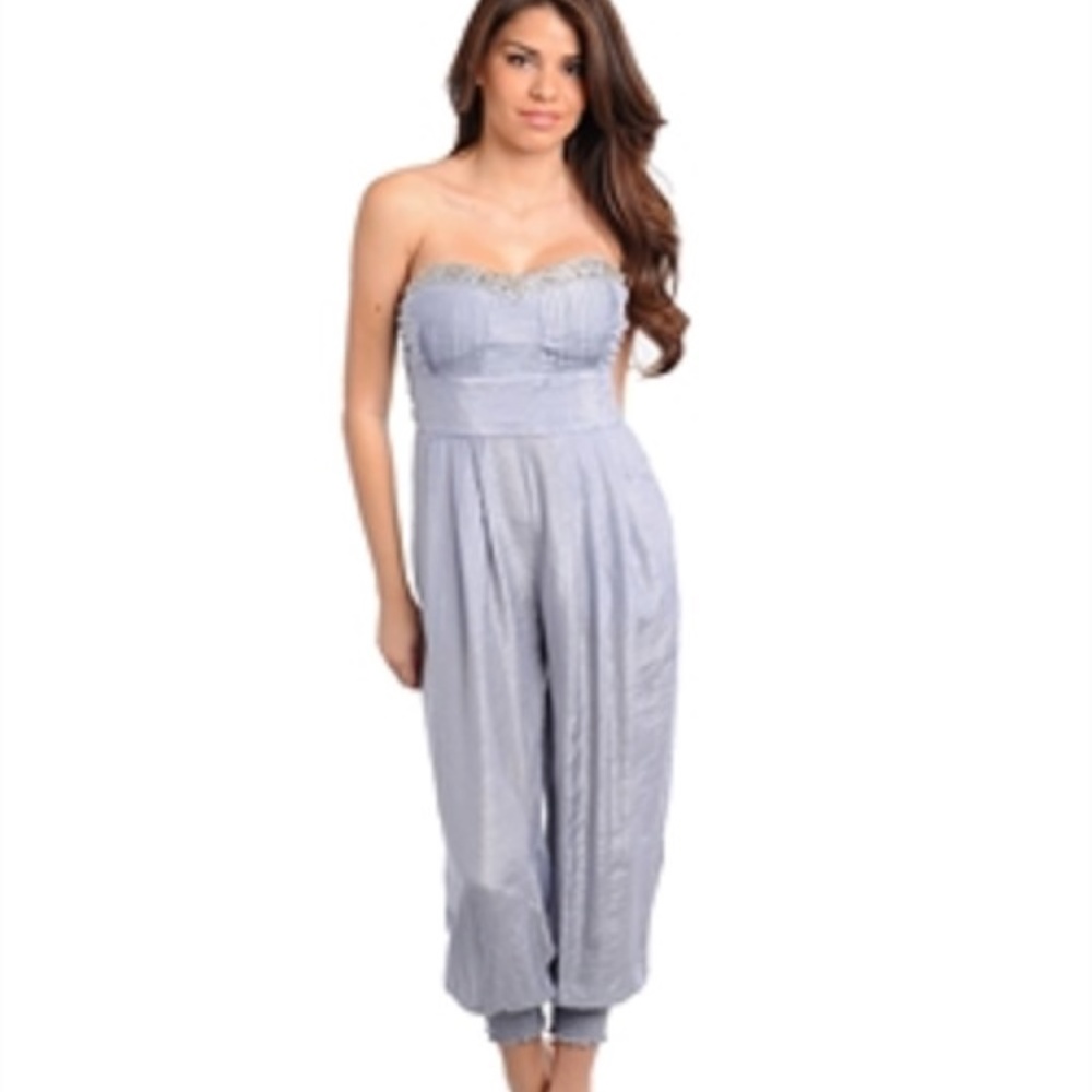 NEW SILVER METALLIC ROMPER BEADED ACCENT STRAPLESS
